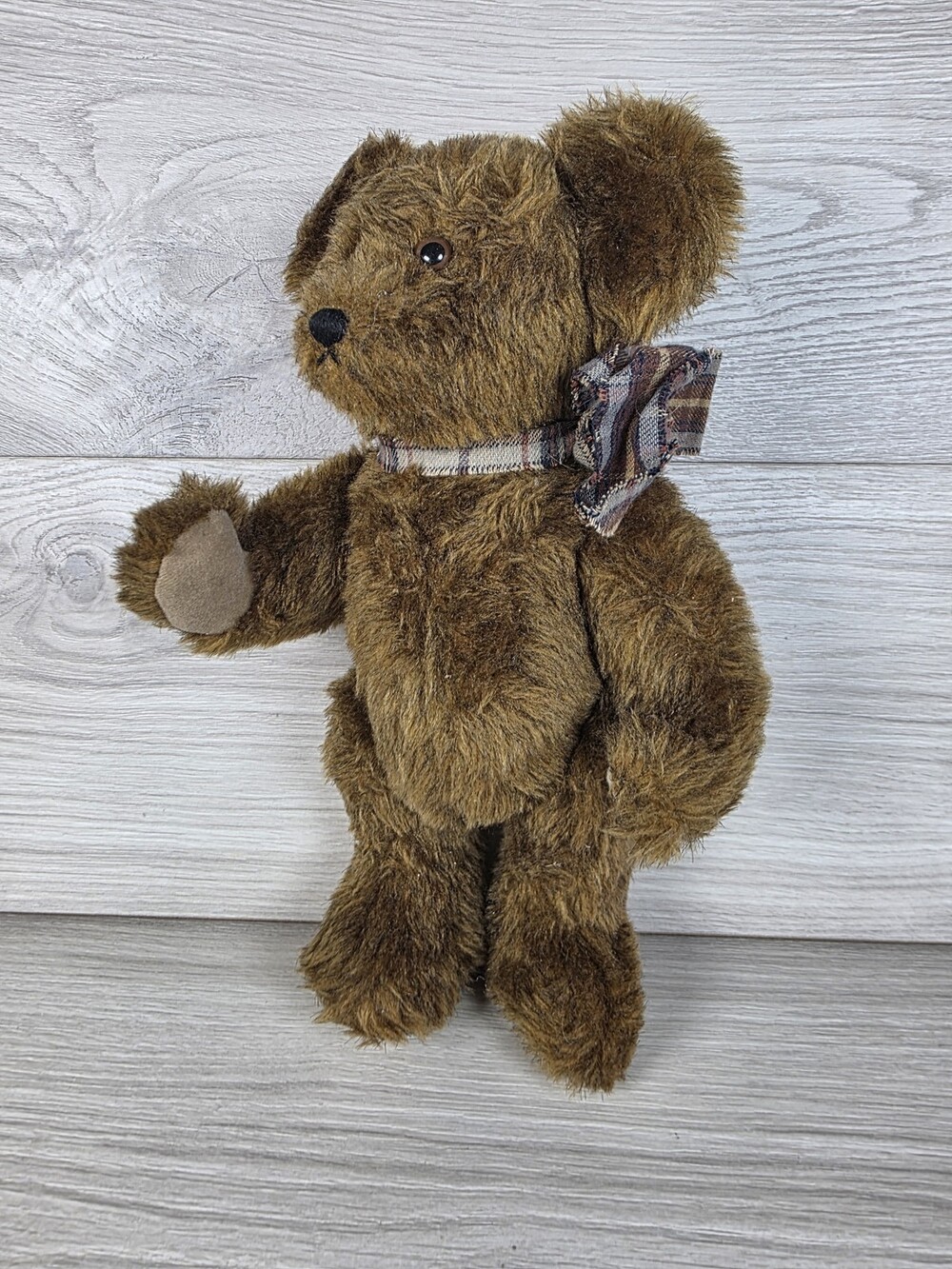 Artist Plaid Bow Plush Bear w Soft Brown Fur, 13" Tall Signed SU23